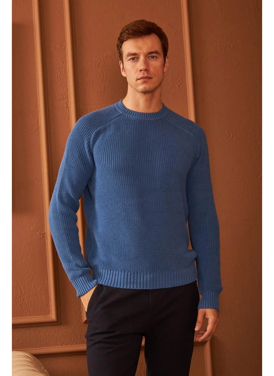 Odelon Crew Neck Selanik Knitted Cotton Men's Blue Knitwear Sweater