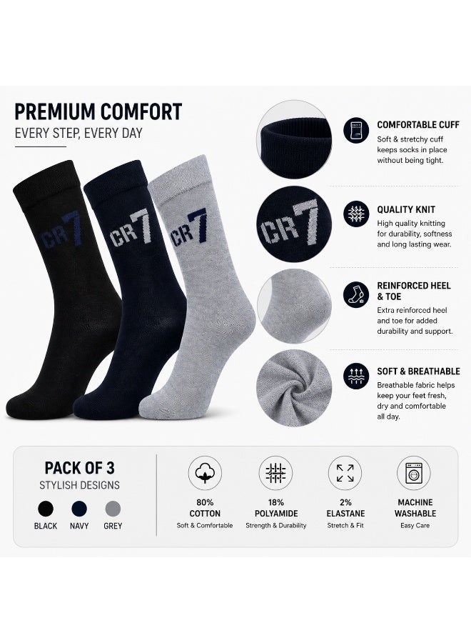 CR7 Kids Socks 3-Pack, Cotton Blend Crew Socks, Black, Navy & Grey, 70% Cotton, 29% Polyester, 1% Elastane - Image 3