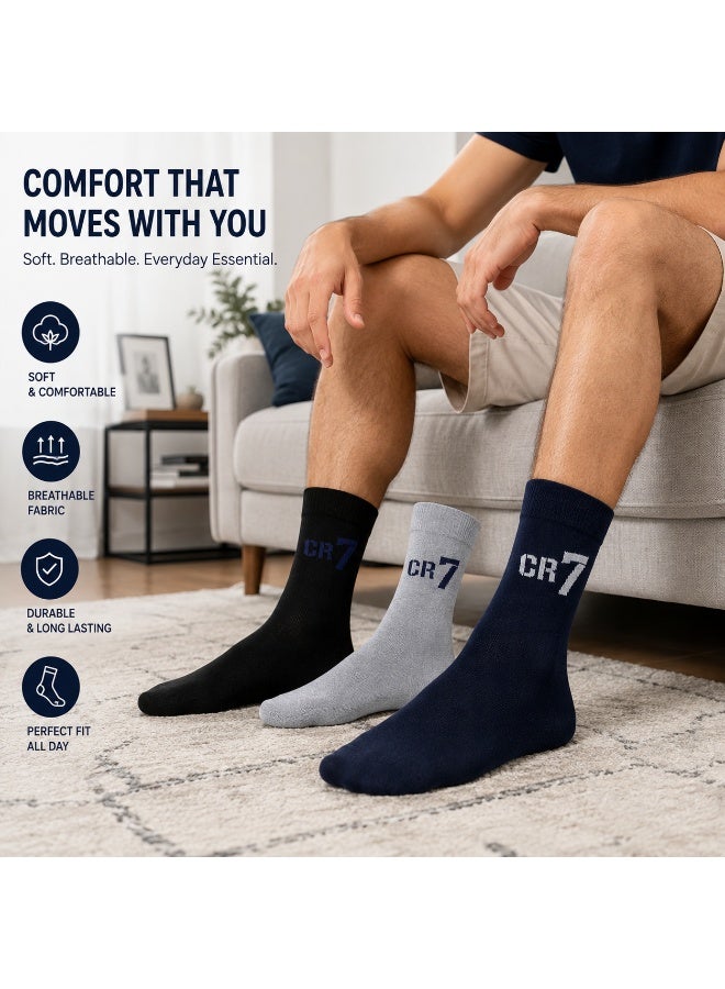 CR7 Kids Socks 3-Pack, Cotton Blend Crew Socks, Black, Navy & Grey, 70% Cotton, 29% Polyester, 1% Elastane - Image 4