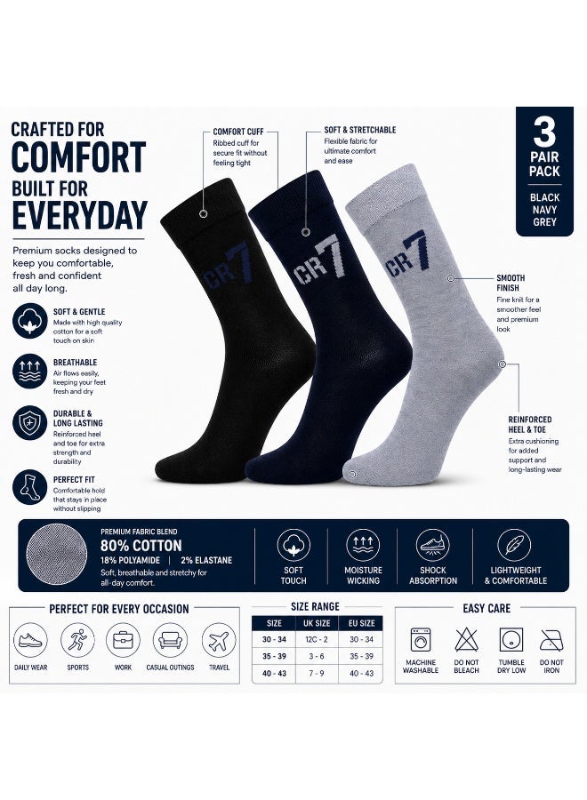 CR7 Kids Socks 3-Pack, Cotton Blend Crew Socks, Black, Navy & Grey, 70% Cotton, 29% Polyester, 1% Elastane - Image 5