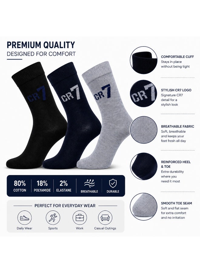 CR7 Kids Socks 3-Pack, Cotton Blend Crew Socks, Black, Navy & Grey, 70% Cotton, 29% Polyester, 1% Elastane - Image 2