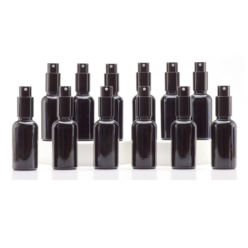 YIZHAO Black Glass Spray Bottles 1oz with Small Fine Mist Spray Metal Cap Refillable for Essential OilTravelCleaningPerfumeAromatherapyMakeup 12 Pcs