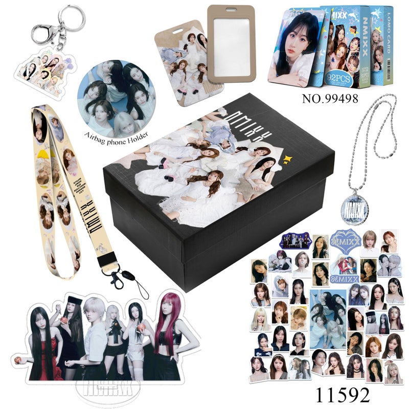 NMIXX KPop Gift Set – Lemo Cards, Keychain, Necklace, Lanyard, Acrylic Stand, Stickers, Airbag Phone Holder – Fan Collectible Box for Women & Girls