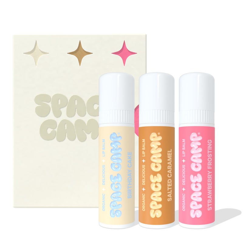 Space Camp Wellness Jumbo Lip Balm - Birthday Pack Variety Flavored Balm (Birthday Cake, Salted Caramel, Strawberry Frosting) - 3 Pack - Image 1