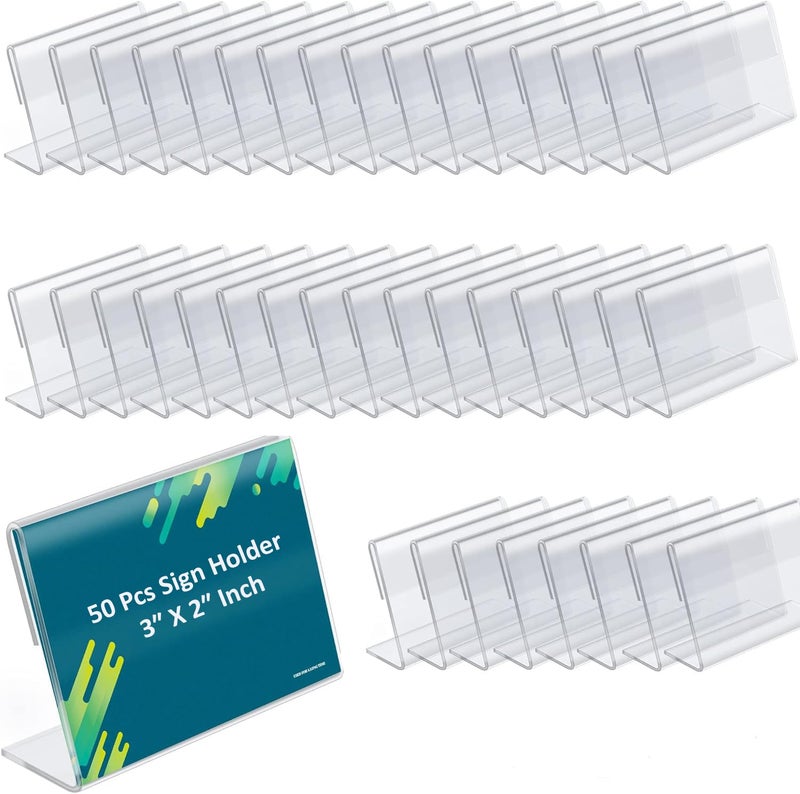 Shuban Acrylic Sign Holder L-Shape Acrylic Table Display Label Price Tag Name Card Holder Stands For School Office Counter Restaurants Supermarket (3 Inch W X 2 Inch H - 50Pcs) - Image 1