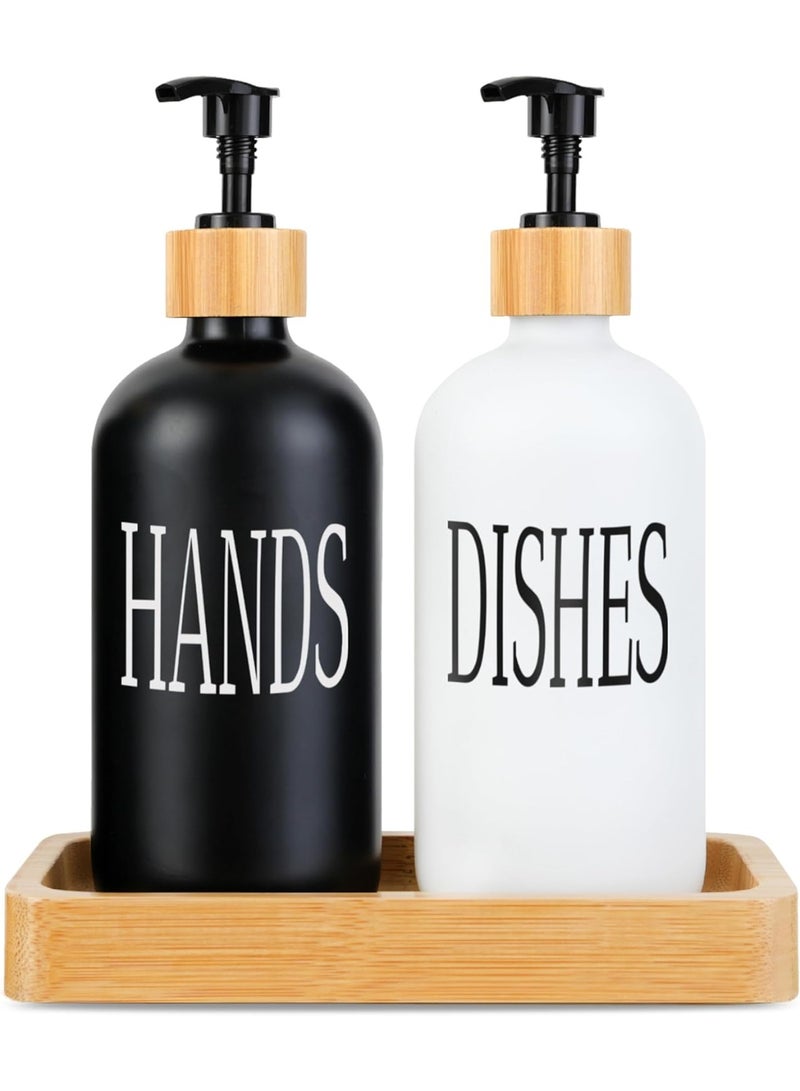 Generic Soap & Dish Soap Dispenser Set with Bamboo Tray – Refillable Pump Bottles Labeled “HANDS” and “DISHES” – Matte Black & White, Leak-Proof Pumps, Stylish Kitchen Sink Organizer - Image 1
