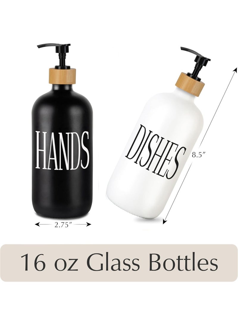 Generic Soap & Dish Soap Dispenser Set with Bamboo Tray – Refillable Pump Bottles Labeled “HANDS” and “DISHES” – Matte Black & White, Leak-Proof Pumps, Stylish Kitchen Sink Organizer - Image 2