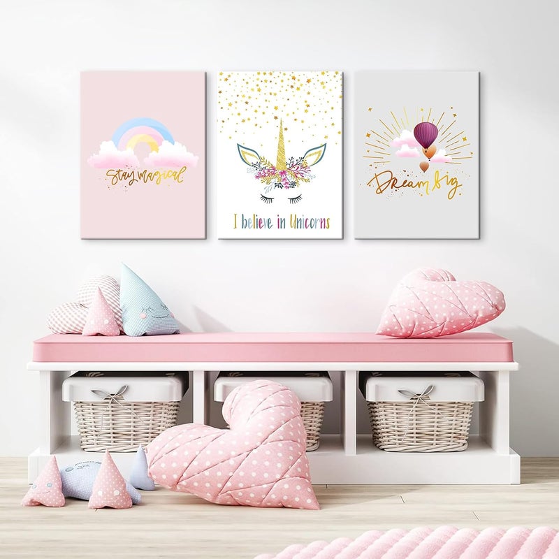 Chadow Artwork فن الجدران وحيد القرن ديكور غرفة الفتيات قوس قزح وردي مطبوعات قماش للأطفال بالونات هوائية ملونة كرتونية وحيد القرن صور مؤطرة للفتيات المراهقات والنساء ديكور حضانة الحمام 12"x16"x3 قطع - Image 1
