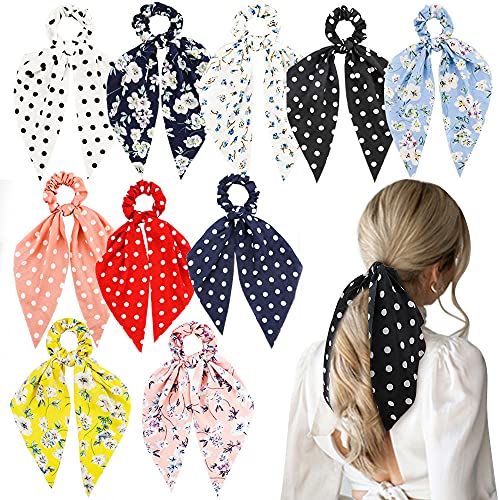 NAIHOD 10Pcs Floral Chiffon Ribbon Polka Dots Scrunchies  Cute Bowknot Ponytail Holders and Elastic Hair Bands for Girls Women Teenage