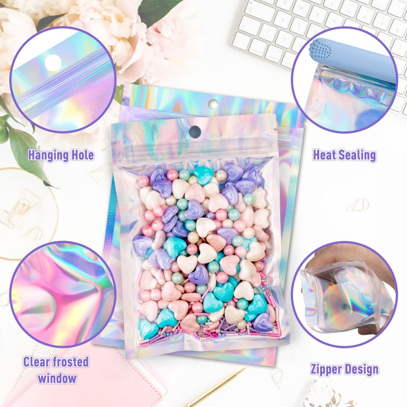 ANZNKU 300 Pcs Holographic Resealable Mylar Bags, 4x6 Inch Resealable Bags for Small Business, Smell Proof Hangover Kit Bag, Foil Zipper Pouches with Clear Window for Food Storage Party favor - Image 3