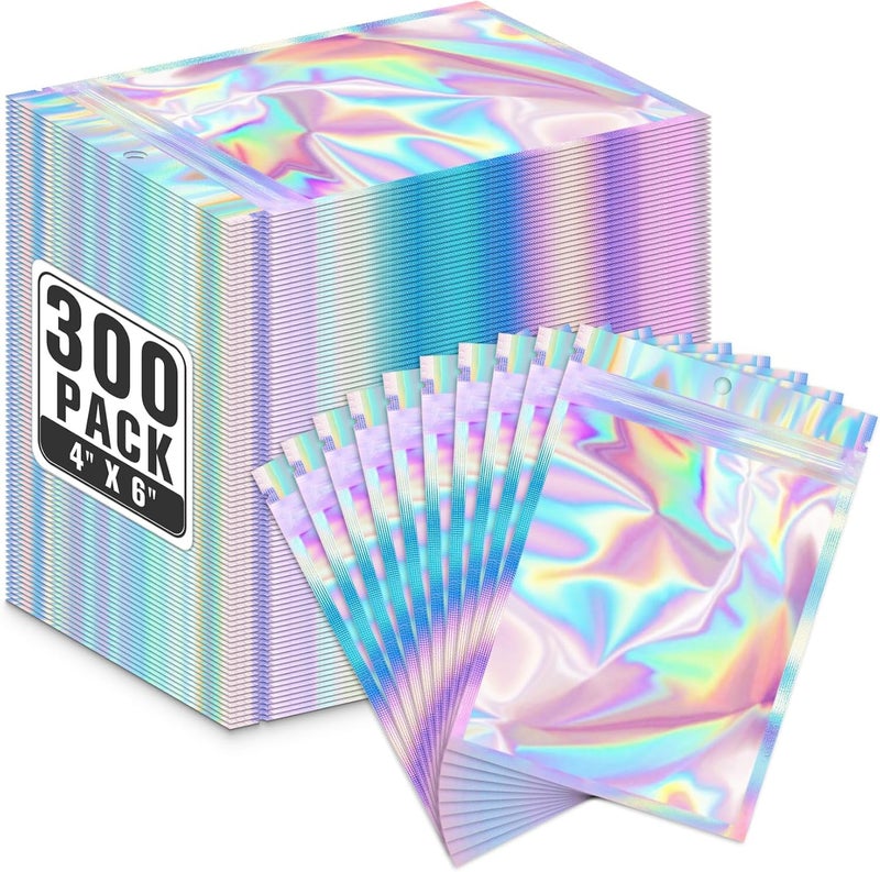 ANZNKU 300 Pcs Holographic Resealable Mylar Bags, 4x6 Inch Resealable Bags for Small Business, Smell Proof Hangover Kit Bag, Foil Zipper Pouches with Clear Window for Food Storage Party favor - Image 1