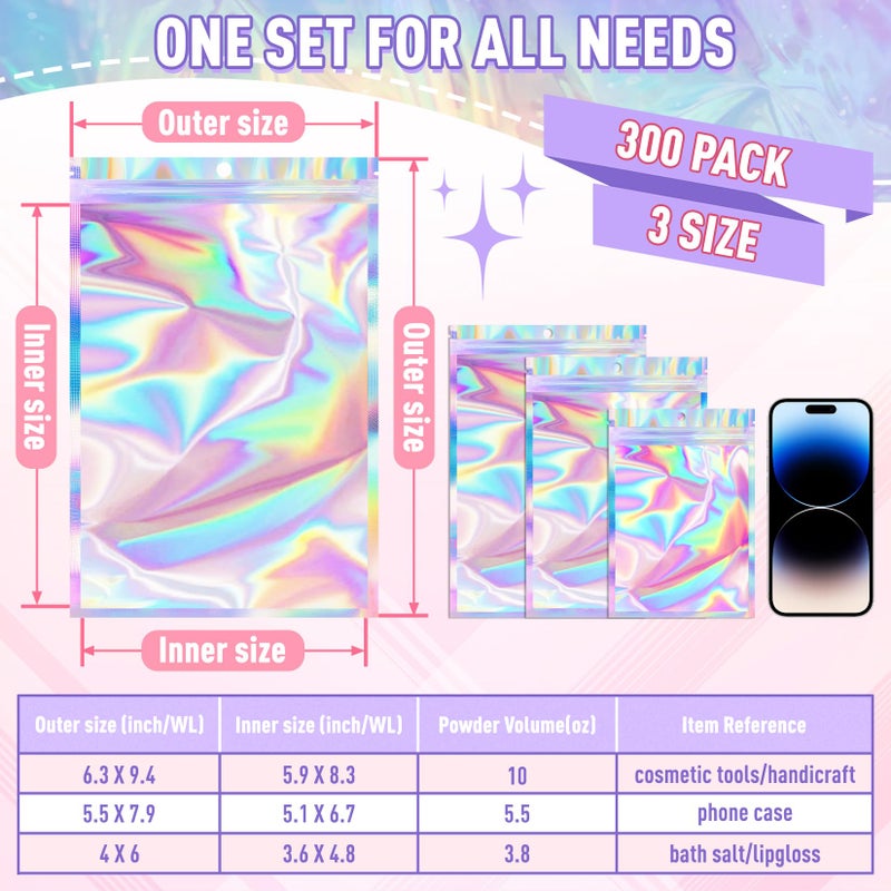ANZNKU 300 Pcs Holographic Resealable Mylar Bags, 4x6 Inch Resealable Bags for Small Business, Smell Proof Hangover Kit Bag, Foil Zipper Pouches with Clear Window for Food Storage Party favor - Image 2