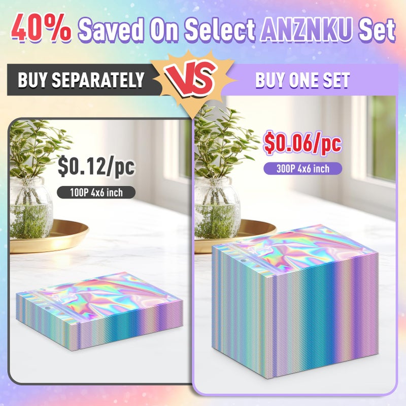ANZNKU 300 Pcs Holographic Resealable Mylar Bags, 4x6 Inch Resealable Bags for Small Business, Smell Proof Hangover Kit Bag, Foil Zipper Pouches with Clear Window for Food Storage Party favor - Image 4