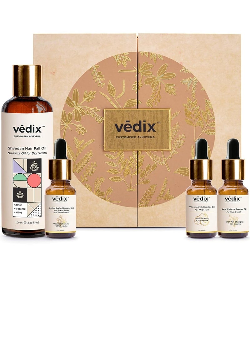 Vedix Ayurvedic Hair Fall Oil Combo with 3 Booster Oils Shvedan No Frizz Hair Oil For Normal Oily Scalp With Amla Brahmi and Bhringraj Booster Oils  gift for women 4 Oils Gift Kit 130ml - Image 1
