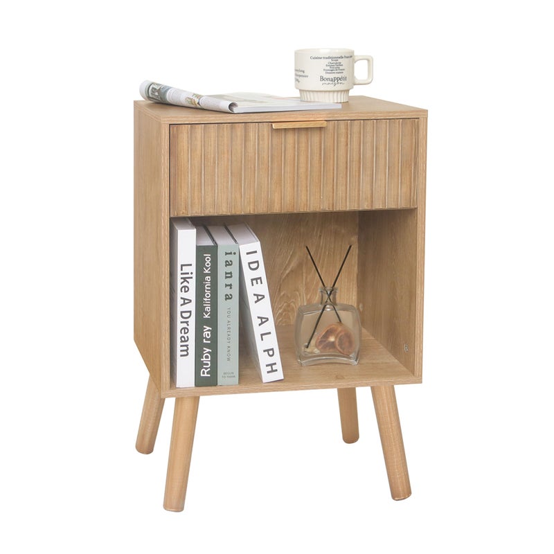 Fultyle Night Stand with Drawer, Mid Century Nightstand with Storage, Modern Fluted Bedside Table Bedroom Living Room for Small Space, Office (Rustic Walnut) - Image 1