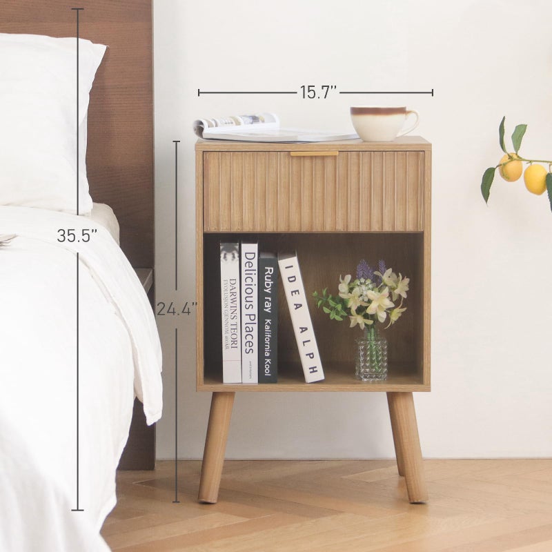 Fultyle Night Stand with Drawer, Mid Century Nightstand with Storage, Modern Fluted Bedside Table Bedroom Living Room for Small Space, Office (Rustic Walnut) - Image 2