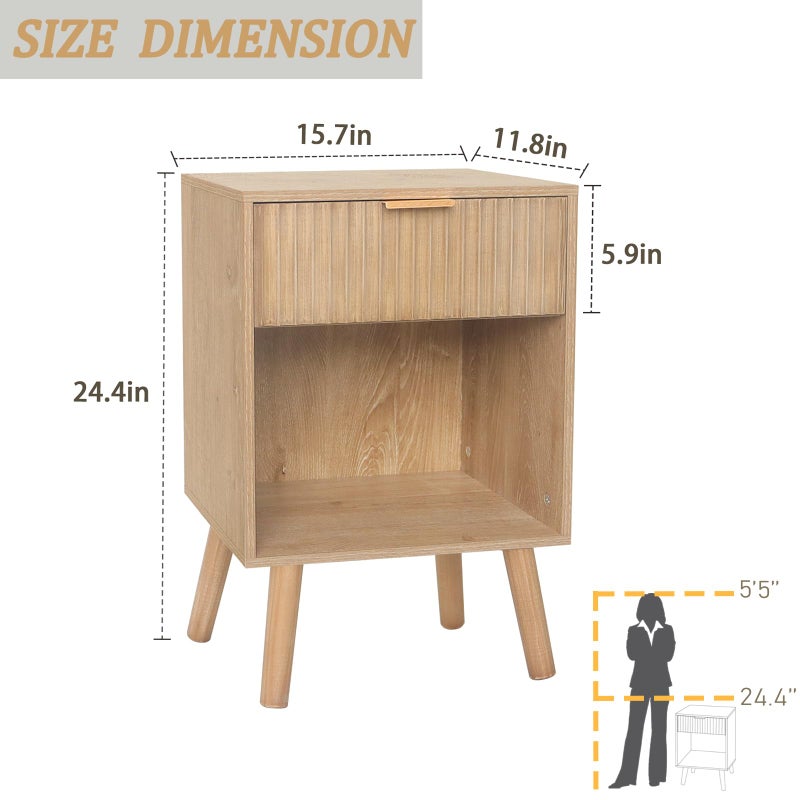 Fultyle Night Stand with Drawer, Mid Century Nightstand with Storage, Modern Fluted Bedside Table Bedroom Living Room for Small Space, Office (Rustic Walnut) - Image 3