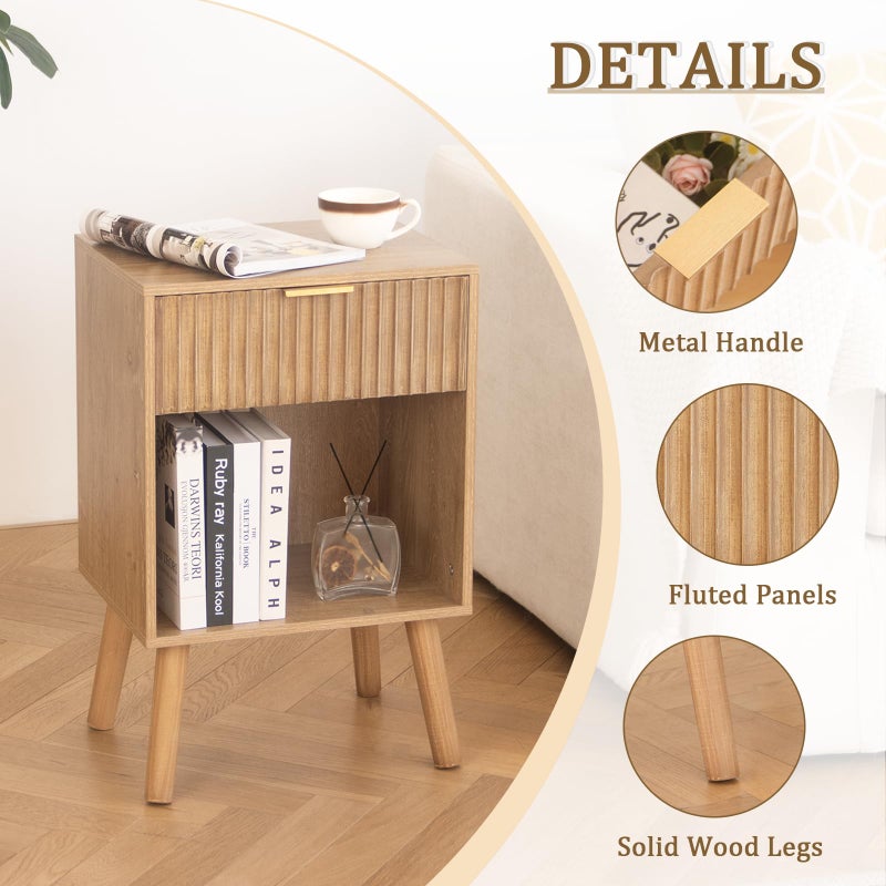 Fultyle Night Stand with Drawer, Mid Century Nightstand with Storage, Modern Fluted Bedside Table Bedroom Living Room for Small Space, Office (Rustic Walnut) - Image 4