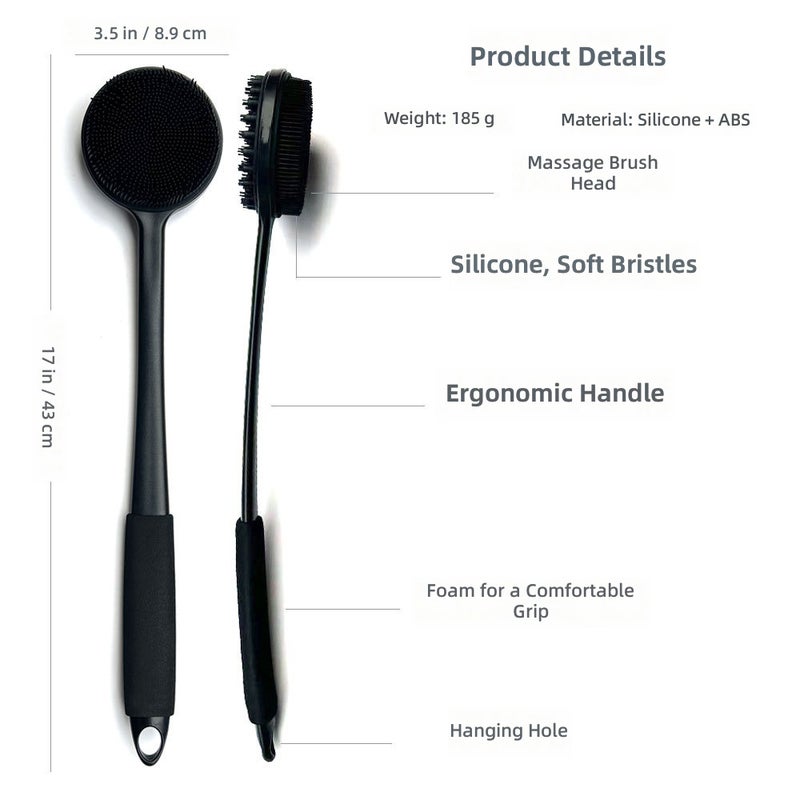 Long Handle Double Sided Silicone Bath Brush for Back Scrub & Massage
