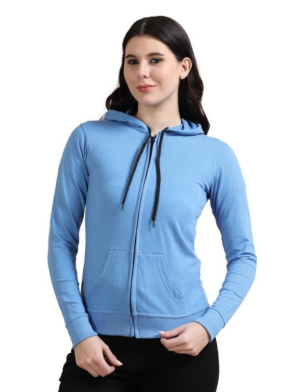 Wafaa Women's Cotton Plain Hooded Neck Full Zipper Sky Blue Color Regular Fit Sweatshirt Hoodies with Kangaroo Pocket XXL Size - Image 1