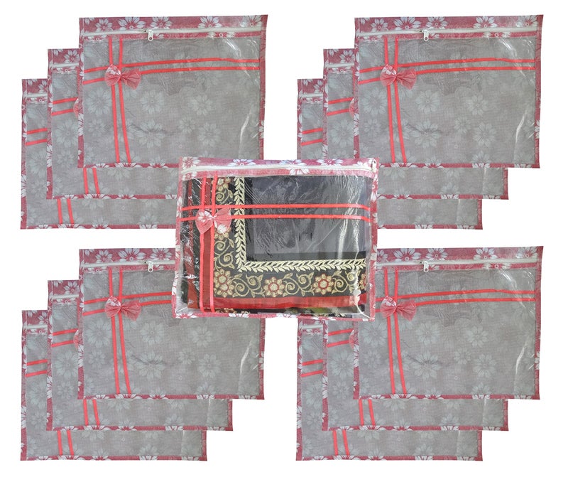 DIKHAWA Set of 12 Non Woven Flower Print Single Saree Cover Bag with Zip, Cloth Cover (Peach) - Image 5