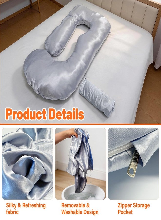 JZHLLA Maternity Pillow Cover, Silky Satin Fabric Removable & Washable U-Shaped Smooth Pregnancy Pillow Cover with Hidden Zip(Grey,1 PCS) - Image 4
