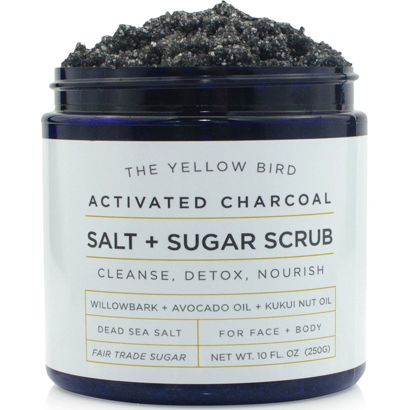 The Yellow Bird Natural Activated Charcoal Body  Face Scrub Exfoliating Dead Sea Salt  Sugar Scrub Deep Cleansing Pore Minimizer Anti Cellulite Acne Blackhead Scars Wrinkle Treatment