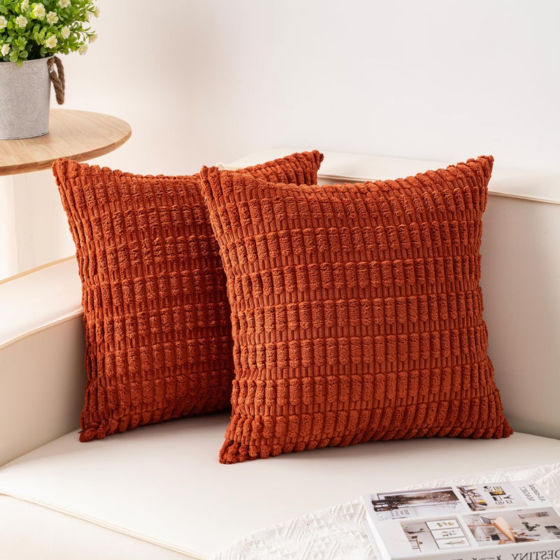 Aegero Pack of 2 Corduroy Decorative Throw Pillow Covers 18x18 Inch Fall Soft Striped Pillow Covers Modern Farmhouse Home Decor for Sofa Living Room Couch Bed(Rust) - Image 1