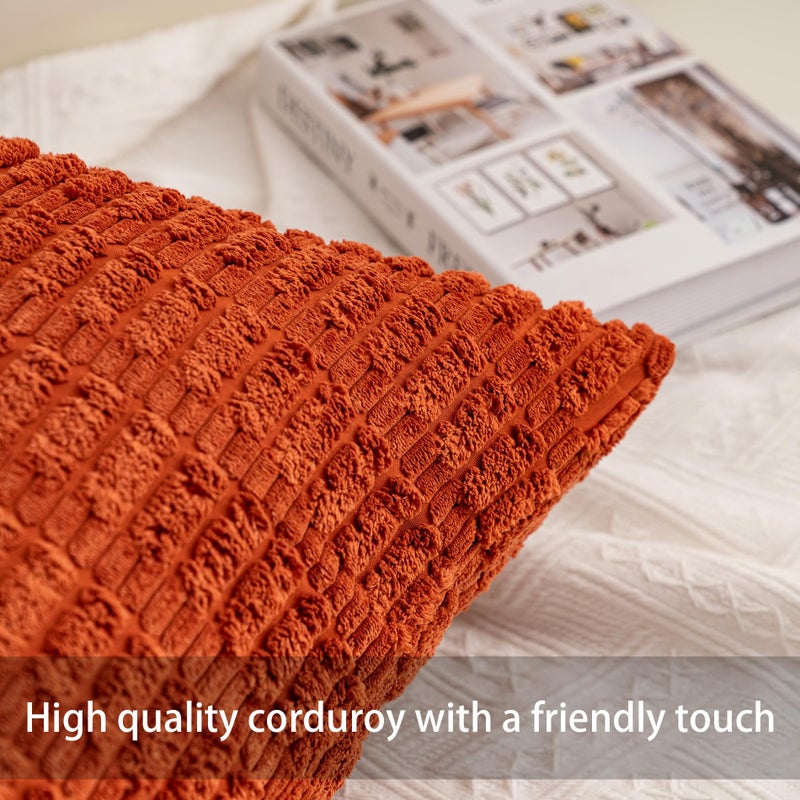 Aegero Pack of 2 Corduroy Decorative Throw Pillow Covers 18x18 Inch Fall Soft Striped Pillow Covers Modern Farmhouse Home Decor for Sofa Living Room Couch Bed(Rust) - Image 2