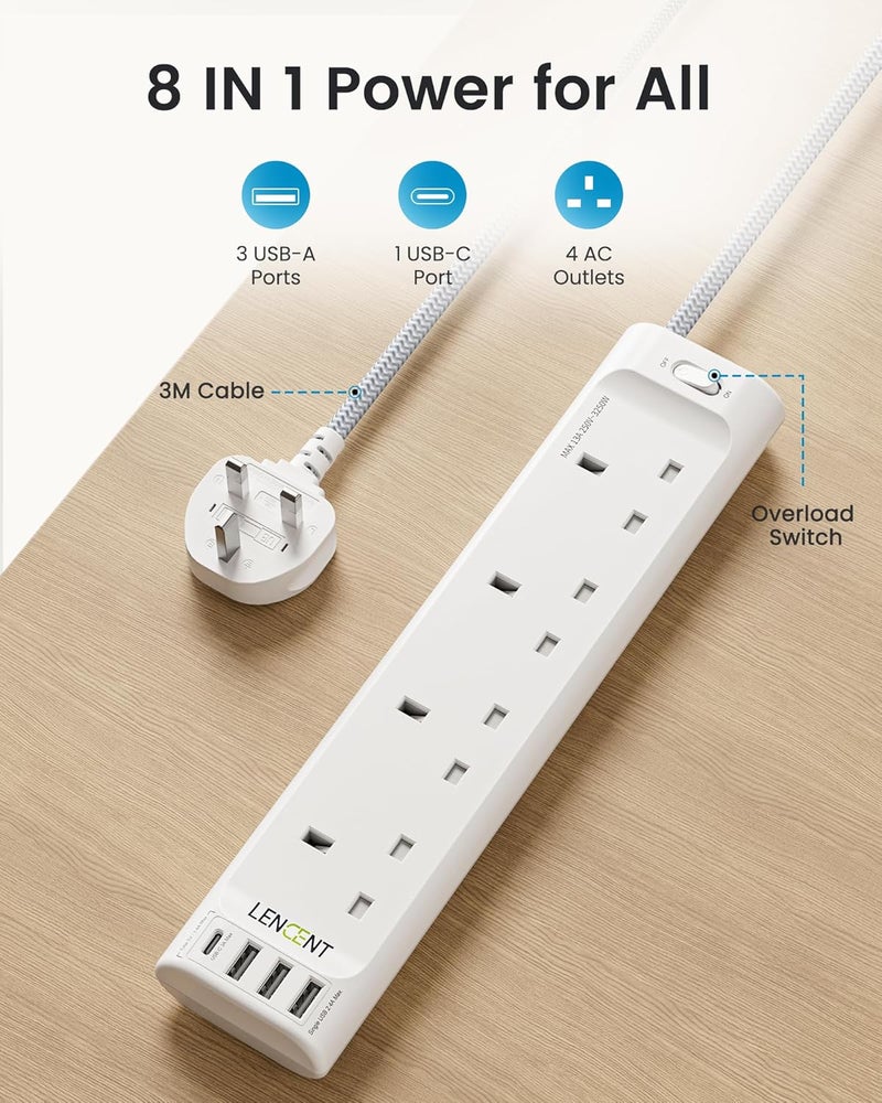 Lencent Extension Lead with USB C Port, 4 Way Outlets Power Strip with 1 USB-C and 3 USB Slots, Multi Power Plug Extension Socket with 3M Braided Extension Cord for Home Office, 3250W 13A - Image 2