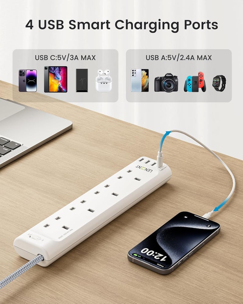 Lencent Extension Lead with USB C Port, 4 Way Outlets Power Strip with 1 USB-C and 3 USB Slots, Multi Power Plug Extension Socket with 3M Braided Extension Cord for Home Office, 3250W 13A - Image 3