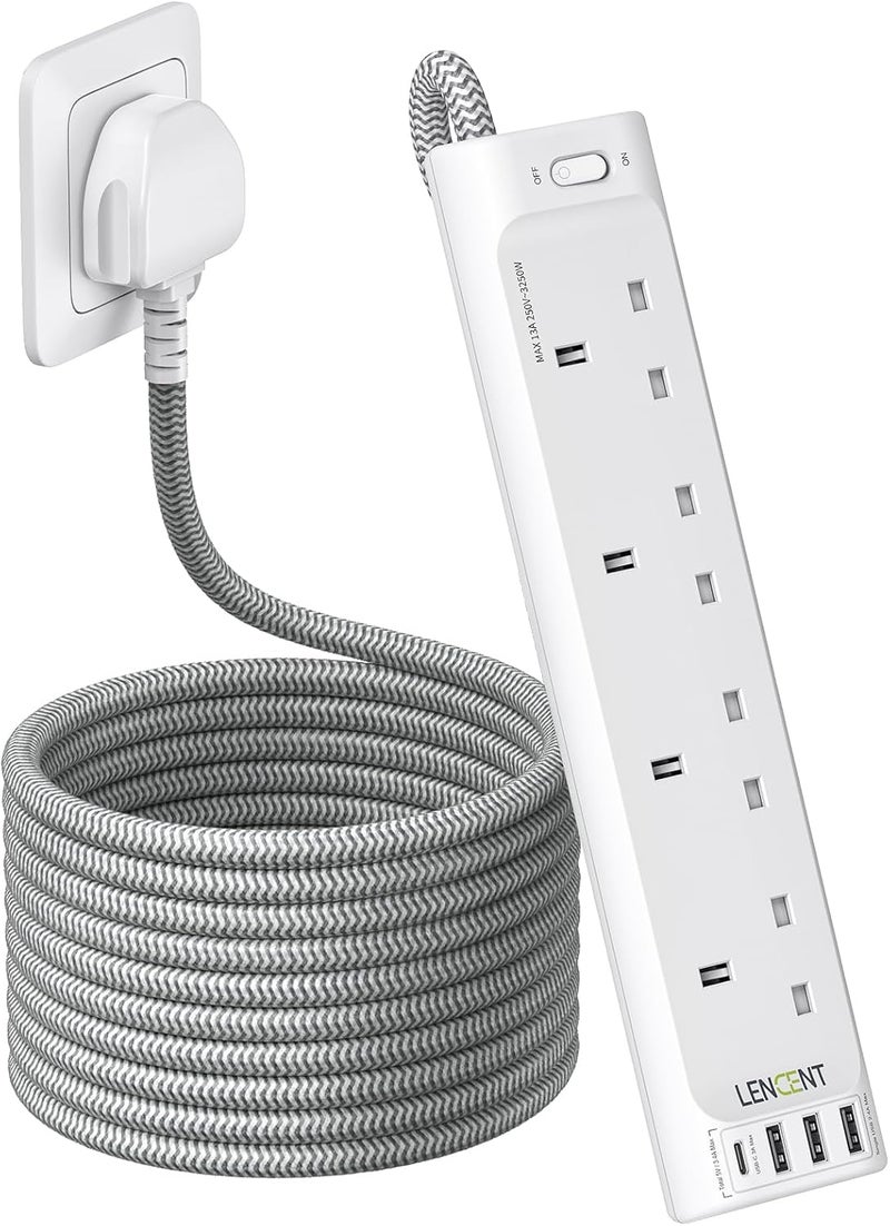 Lencent Extension Lead with USB C Port, 4 Way Outlets Power Strip with 1 USB-C and 3 USB Slots, Multi Power Plug Extension Socket with 3M Braided Extension Cord for Home Office, 3250W 13A - Image 1