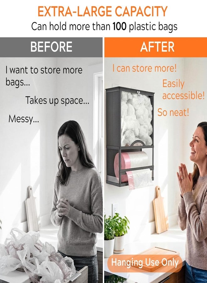 Ofiray-home حامل أكياس بلاستيكية مثبت على الحائط من أوفيراي-هوم - حامل أكياس قمامة متين كبير الحجم 2 في 1 مع موزع لفائف القمامة ولفائف مناشف ورقية للمنزل والمطبخ وخزائن الملابس والحوض (رمادي) - Image 2