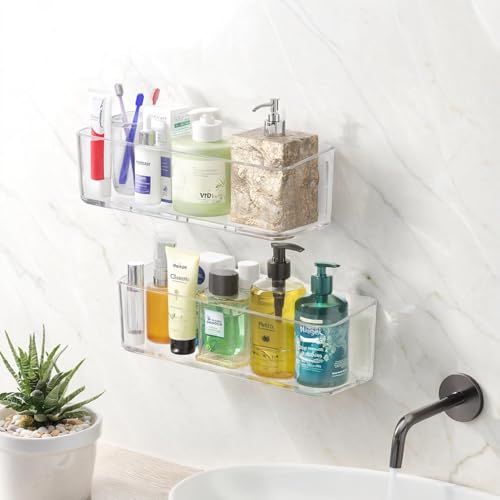 PAVSTINE 2 Pcs Clear Shower Shelf Large Bathroom Wall Mounted Shower Caddy No Drill Self Adhesive Bathroom Organizer with Self Adhesive Tape