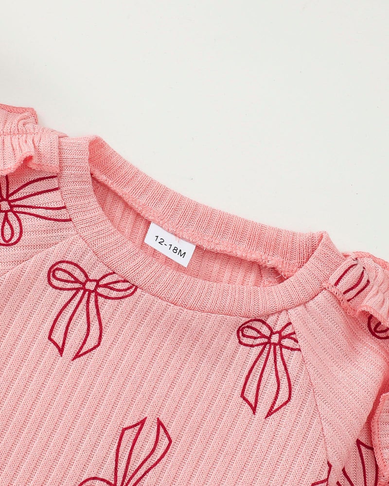 SODLON 3T Girl Clothes Toddler Girls Clothes 4T Winter Outfits Ruffle Pink Pullover Bow Sweatshirt Jeans Flared Denim Pants Fall Spring Sweater 3-4 Years Old Clothing - Image 4