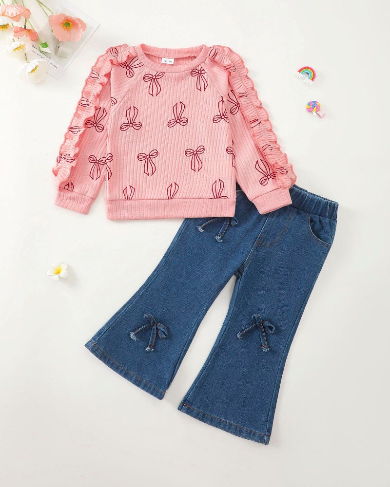 SODLON 3T Girl Clothes Toddler Girls Clothes 4T Winter Outfits Ruffle Pink Pullover Bow Sweatshirt Jeans Flared Denim Pants Fall Spring Sweater 3-4 Years Old Clothing - Image 2