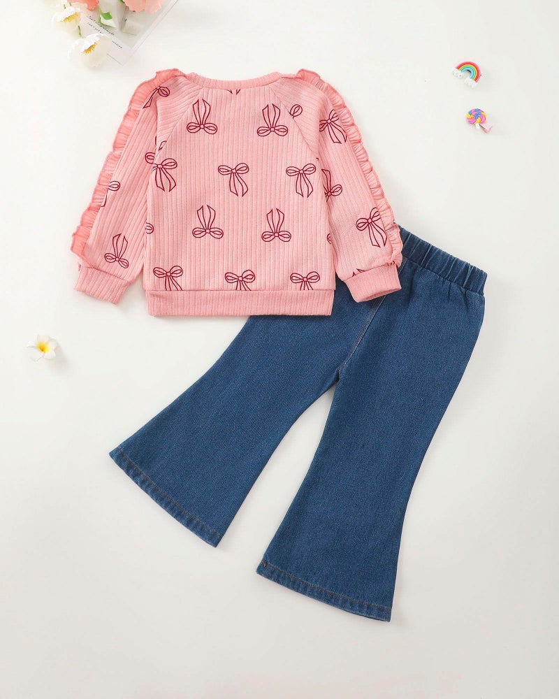 SODLON 3T Girl Clothes Toddler Girls Clothes 4T Winter Outfits Ruffle Pink Pullover Bow Sweatshirt Jeans Flared Denim Pants Fall Spring Sweater 3-4 Years Old Clothing - Image 3