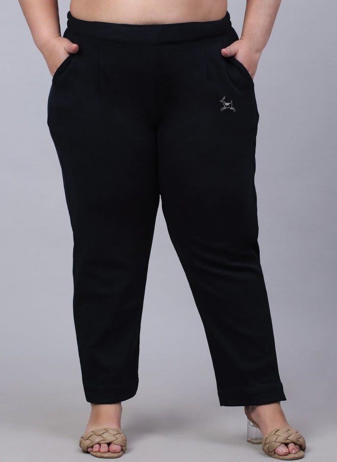 Trend Level Women Black Woolen Relaxed Plus Size Easy Wash Pleated Trousers - Image 1