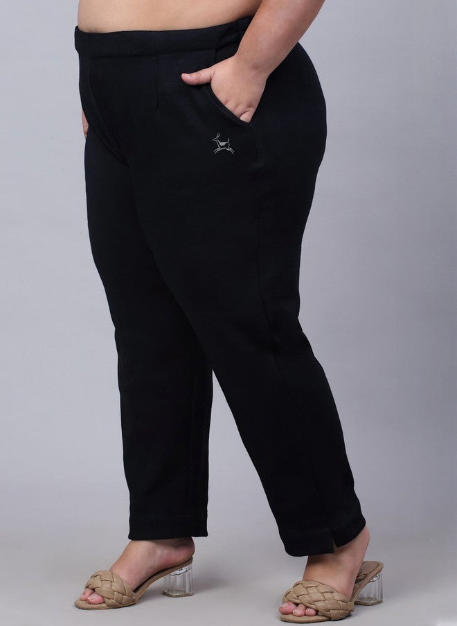 Trend Level Women Black Woolen Relaxed Plus Size Easy Wash Pleated Trousers - Image 3