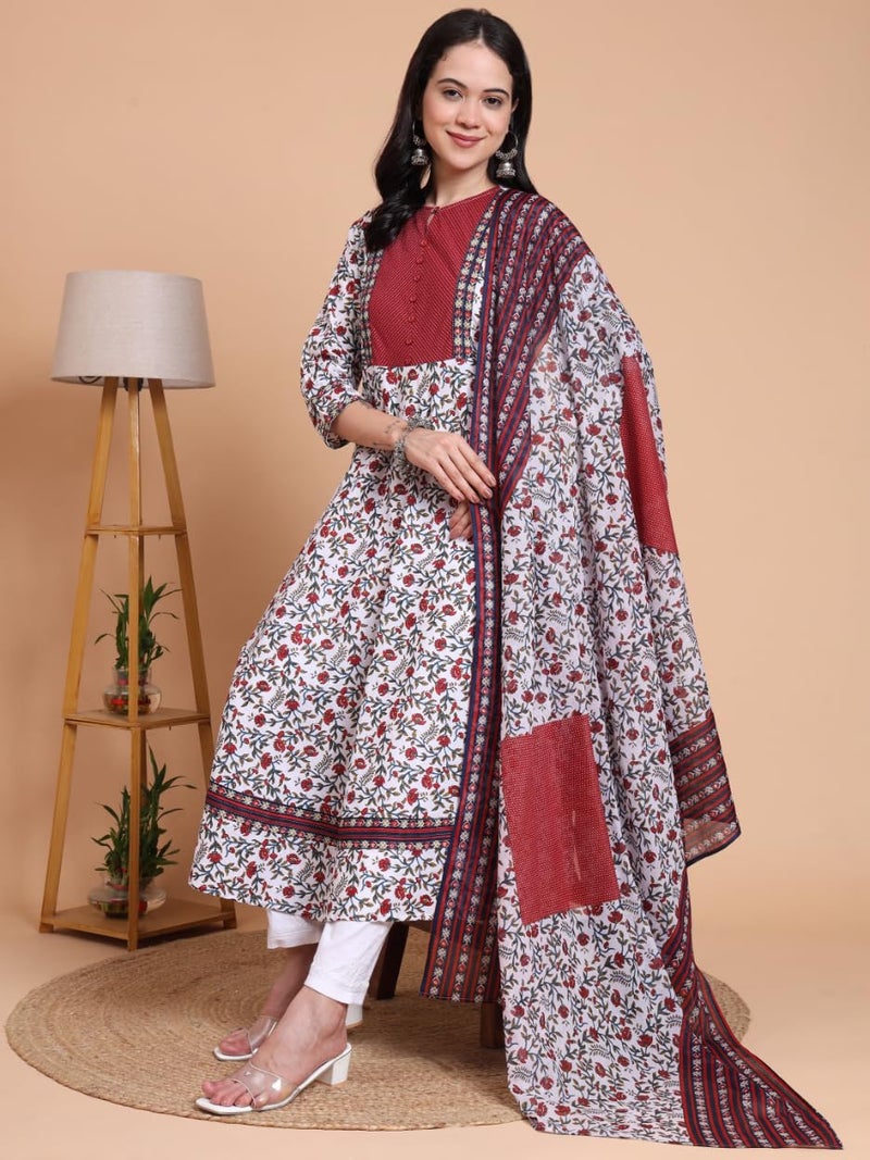 Yash Gallery Women’s Cambric Cotton Floral Print Anarkali Kurta with Dupatta Set (White) - Image 5
