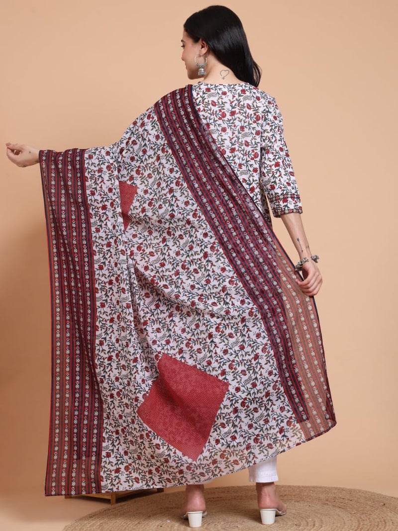Yash Gallery Women’s Cambric Cotton Floral Print Anarkali Kurta with Dupatta Set (White) - Image 4