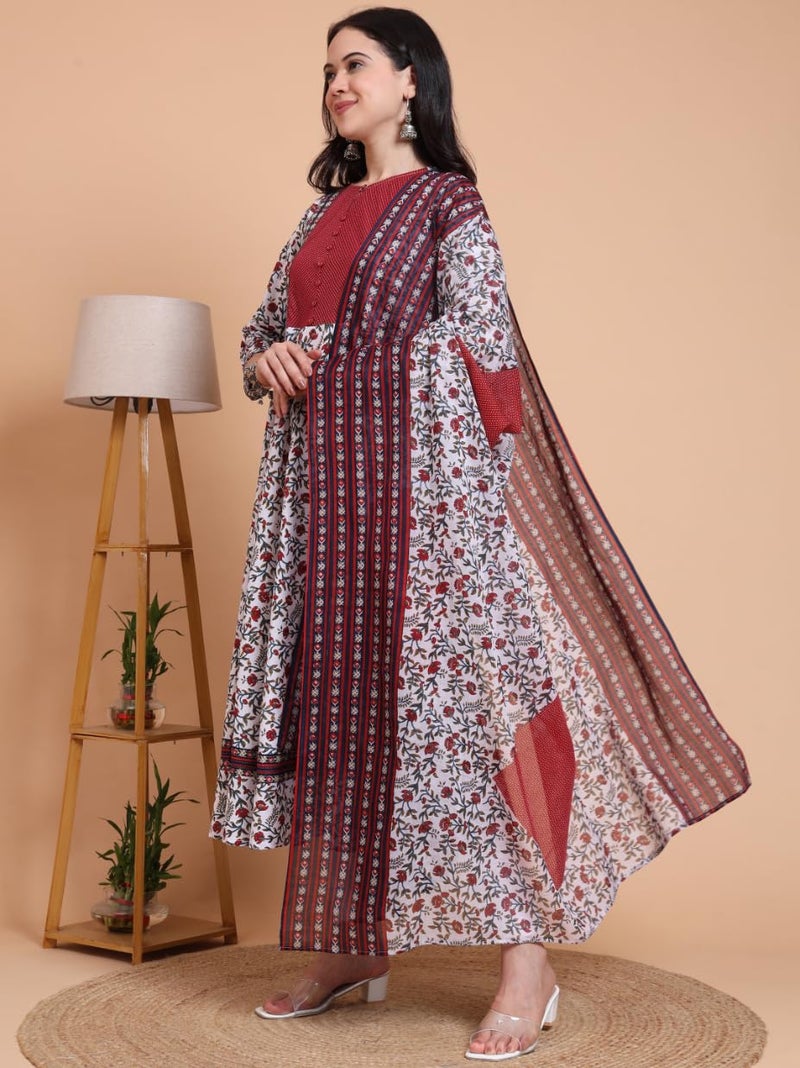 Yash Gallery Women’s Cambric Cotton Floral Print Anarkali Kurta with Dupatta Set (White) - Image 2