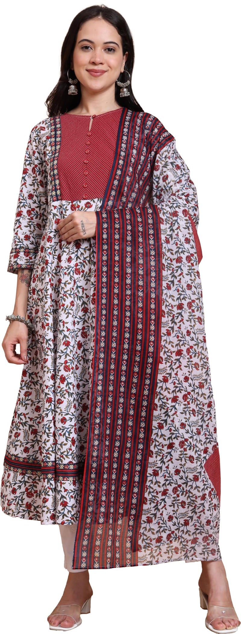 Yash Gallery Women’s Cambric Cotton Floral Print Anarkali Kurta with Dupatta Set (White) - Image 1