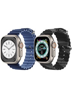Silicone Ocean Band Strap for Apple Watch Ultra 8 49mm Navy Blue/Blue Double Side Strap with Black/Gray Double Line Strap Set of 2
