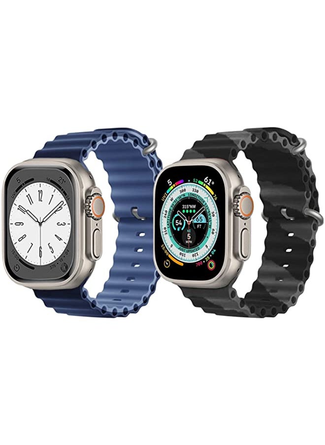 IAF - Silicone Ocean Band Strap for Apple Watch Ultra 8 49mm Navy Blue/Blue Double Side Strap with Black/Gray Double Line Strap Set of 2 - Image 1