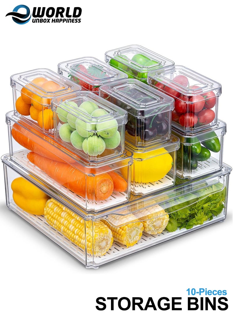 إي وورلد طقم 10 صناديق تنظيم للثلاجة مع أغطية، صناديق تخزين قابلة للتكديس، حاويات طعام خالية من BPA للفواكه والخضروات والمشروبات والمخزن - Image 1