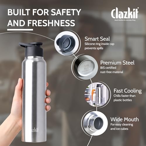 Clazkit Amaze Stainless Steel Water Bottle 1 Litre, Leakproof BPA Free Steel Bottle for Gym, Office & School, Rust Free Durable Drinking Bottle, Fridge Safe, ISI Certified, Sporty Cap - Image 2