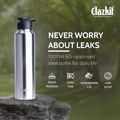 Clazkit Amaze Stainless Steel Water Bottle 1 Litre, Leakproof BPA Free Steel Bottle for Gym, Office & School, Rust Free Durable Drinking Bottle, Fridge Safe, ISI Certified, Sporty Cap - Image 3