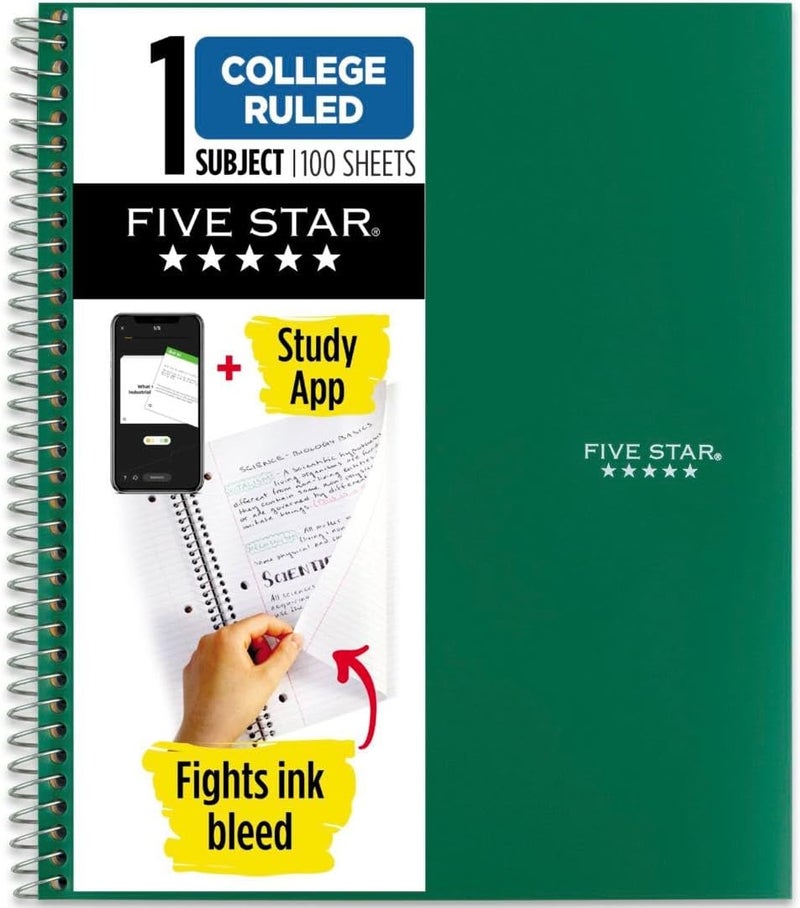 Five Star Spiral Notebook, 1 Subject, College Ruled, 100 Sheets, Green - Image 1