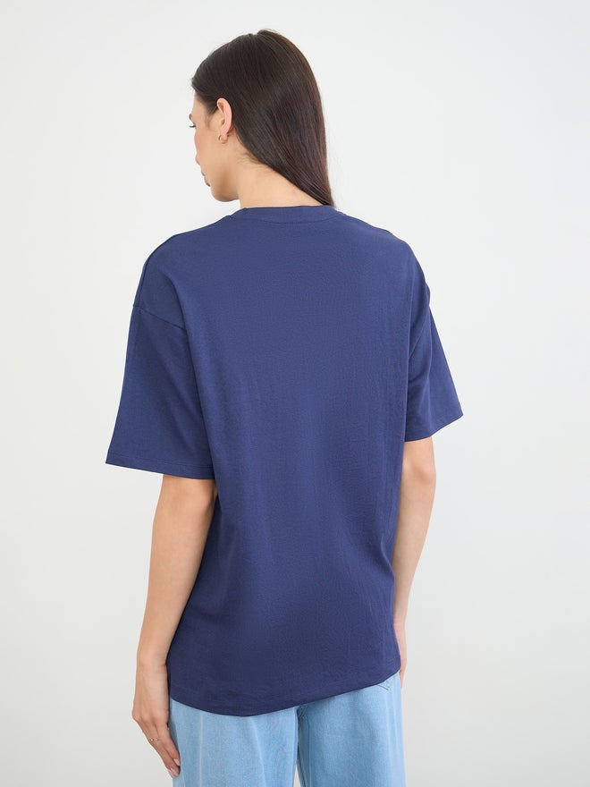 Styli Navy Blue Slogan Print Cotton T-Shirt - Image 5